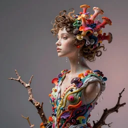 flume and former cover art future bass girl un wrapped statue bust curls of hair petite lush side view body droplets photography model full body untouched art contrast vibrant branches futuristic fabric only skin fungi material style of Jonathan Zawada, Thisset colours simple background objective