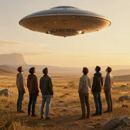 symmetry!! people staring up at the ufo, surreal landscape, golden hour, very detailed, perfect composition, perfect lighting, 4 k, trending on artstation, greg rutkowski, derek zabrocki, artgerm, realistic, octane render, 3 d, blender, unreal engine