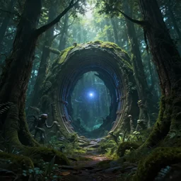 intergalactic stargate portal in the middle of a dense forest, with light shining through the trees and strange creatures lurking in the shadows, style of stonepunk