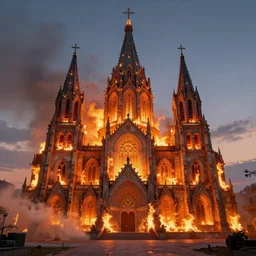 a beautiful hyperrealistic detailed 3D render of a burning church, by Anton Otto Fischer, Atey Ghailan, genzoman, unreal engine, octane render, gigantic, 3D, brilliantly coloured, intricate, ultra wide angle, trending on artstation, embers, smoke, dust, dusk, volumetric lighting, HDR, polished, micro details, ray tracing, 8k