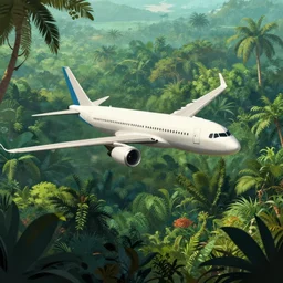 a plane flying over a jungle, digital art