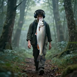 photograph of a fish wearing headphones walking through an ethereal forest. Extremely detailed. 8k