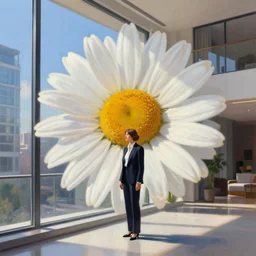 huge daisy flower head, woman in suit, standing by modern window in luxury apartment, surreal photography, sunlight, impressionist painting, digital painting, artstation, simon stalenhag