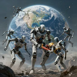 end of earth, falling debris, apocalyptic misson, androgynous robots, rescue operation, hyperrealistic, ultradetailed matte painting, 8 k, unreal engine 5, concept art, artstation, mark brooks, earl norem, john harris