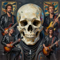 a beautiful painting of a cyberpunk skull, rock band, by sachin teng and pascal blanche and alphonse mucha and nekro and josan gonzalez in style