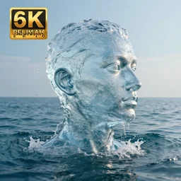 a sculpture made of water in the shape of a human head, on the ocean water, water manipulation photoshop, behance, cinematic, in the style of johnson tsang, long shot, hyper detailed, hyper realistic, ray tracing, 8 k resolution, sharp focus, realistic water, award winning