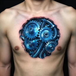 chest tattoo of a 3 d hole in the skin with a shiny blue metallic gears and tubes mechanic inside under the skin, insanely integrate,