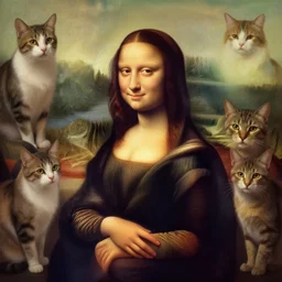 beautiful portrait of a woman surrounded by ordinary house cats, negative no no no no no!!!!!!!!!!!!!!!!!!! not!!!!!!!!!!!!!!!!!! mona lisa pose, intricate, elegant, highly detailed, digital painting, artstation, concept art, smooth, sharp focus, illustration, art by lisa frank and jim lee character portrait artgerm and greg rutkowski and alphonse mucha
