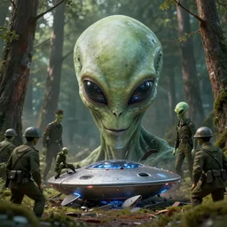aliens ufo crushed in the forest surrounded by russian soldiers, masterpiece. rendered in blender, ultra realistic, smooth shading, ultra detailed, high resolution, cinematic, unreal 6, perfect face, cyberpunk, fine details, studio lighting, subtle shadows, art by katsuya terada, photorealism, hyper realism, octane render, hyper detailed, canon eos r 3, f / 1. 4, iso 2 0 0, 1 / 1 6 0 s, medium shot, 8 k, raw, unedited, in - frame,