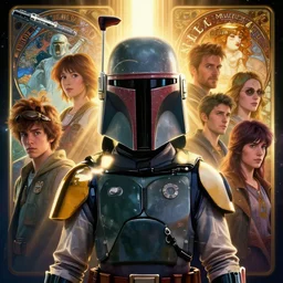 symmetry! highly detailed portrait of boba fett, shallow focus!!!. fantasy art by greg rutkowski, loish, rhads, glow, makoto shinkai and lois van baarle, ilya kuvshinov, rossdraws, tom bagshaw, alphonse mucha, global illumination, radiant light, space station.