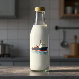 a ship in a bottle floating on milk, kitchen tile background, 3d, fake caustics, ue5, cinema 4d, subsurface scattering, volumetric lighting