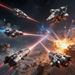 spaceships from every game battling in outerspace. laser beams, explosions, destructible terrain, high detail, 8 k, artstation, cinematic lighting, intricate, highly detailed, hdr, sharp, focus