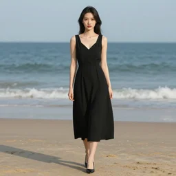 woman in black dress, in the middle of the beach, pretty face, black shoes, leyendecker style