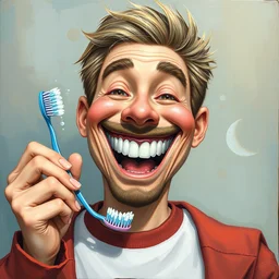 elon musk holding a toothbrush smiling a big smile showing his bright white teeth, extremely detailed, fantasy painting, colorful, children's book cover!