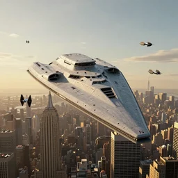 3 d point perspective, extreme long shot of an incommensurable imperial star destroyer hovering over the sky of new york city, tie fighters patrolling around, golden hour, deep depth of field, make all elements sharp, aerial view, 8 k, octane render, unreal 5, hyperrealistic, symmetrical, intricate digital art, photoshop, cgi art