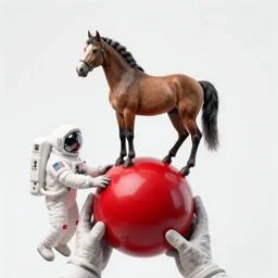 an horse standing on a big red ball in hands of astronaut, an ultrafine detailed illustration by james jean, intricate linework, bright colors, altermodern, highly rendered, global illumination, radiant light, detailed and intricate environment