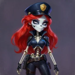 cute & beautiful smug smiling undead skeleton girl with very attractive face and red hair dressed as a cyberpunk cop, elegant, digital art, fullbody painting, fantasy, pixar style, painting, pin up, highly detailed, artstation, art by artgerm, vrubel, greg rutkowski, ilya kuvshinov, raymond swanland