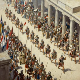 A mixed media painting of a roman legionary in rome on parade day, isometric view, by Frank Frazetta, Greg Rutkowski, Beeple, Yoko Taro, Christian MacNevin, epic fantasy character art portrait, roman numerals, high fantasy, CGsociety, full length, exquisite detail, post-processing, masterpiece, cinematic, tiny crimson petals falling, Rome backdrop