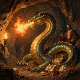 divine hydra breathing fire. inside cave. warm glow of torch lights. shimmering treasure. painted by ross tran rembrandt, thomas cole, sasha beliaev. cinematic, epic composition, dramatic lighting, intricate scales, handpainted. realistic, photo, detailed