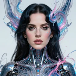 portrait of lana del rey as a cyborg. intricate abstract. intricate artwork cyberpunk by tooth wu, wlop, beeple, dan mumford. octane render, trending on artstation, greg rutkowski very coherent symmetrical artwork. cinematic, hyper realism, high detail, octane render, 8 k, blue and pink iridescent accents