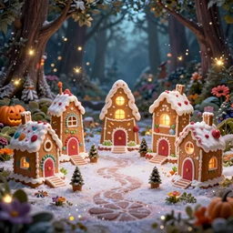 gingerbread candy village, colorful, fantasy, fairytale, forest, fireflies, flowers, halloween, christmas, snow, hansel and gretel, bokeh, medium shot, depth of field 1 0 0 mm, cinematic scene, studio quality, unreal engine, octane render, trending on artstation, artgerm, cgsociety