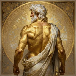 painted back portrait of rugged zeus greek god by greg rutkowski craig mullins artgerm alphonse mucha, messy gold body paint smeared, white hair handsome muscular upper body mature flowing robe [ ancient greek motifs ] background fantasy intricate elegant detailed digital painting concept art artstation sharp focus illustration