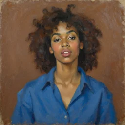 expressive medium shot portrait of a sexy blackp young 8 0 s model woman with curly brown hair, big lips, wearing a blue shirt, brown background, oil painting, impasto, muted colors, artwork by lucian freud, arnold bocklin, ossip zadnike