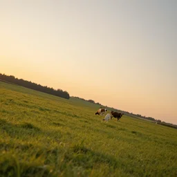 rural landscape with fields and cows, Sunset, tilt shift