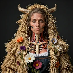 portrait of a tyrolean female farmer wearing hay coat with horns visible muscles and veins and arteries and bones and spines and nerves eerie flowers