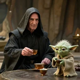 Hooded Emperor Palpatine smiling and having tea with Yoda in his hut on Dagobah