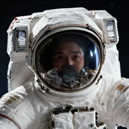 a close up photo of an astronaut floating in space. his helmet visor is dark and reflective. you can see the reflection of the viewer in his helmet visor.