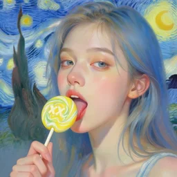 portrait of a beautiful girl, licking a xxxl lollipop, intimate, pastel shades of blue and yellow, beautiful face, rule of thirds, spotlight, expressive, passionate, by greg rutkowski, by jeremy mann, by francoise nielly, by vincent van gogh, digital painting