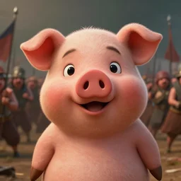 close up cinematic artwork of porky pig staring down the enemy on the battlefield by Greg Rutkowski, 4k, masterpiece
