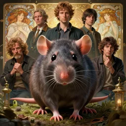 highly detailed vfx portrait of a rat looking at you, unreal engine, greg rutkowski, loish, rhads, beeple, makoto shinkai and lois van baarle, ilya kuvshinov, rossdraws, tom bagshaw, alphonse mucha, global illumination, detailed and intricate environment