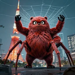 a massive furby with human spider legs weaving a web above tokyo, in the style of junji ito