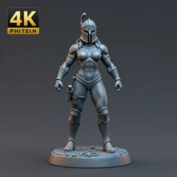 80mm resin detailed miniature of a helmeted muscular woman in full-face iron helmet, full body, head, stomach, navel, boots, Logo, textured base; Product Introduction Photos, 4K, view from front