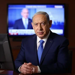 photo of Benjamin netanyahu watching the news in a dark room, 55mm portrait by annie leibovitz