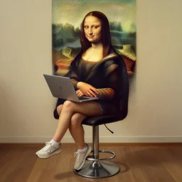 a young woman wearing shorts and sneakers sitting on a bar chair working on a laptop!, looks like mona lisa, sharp focus, hyper realistic, centered, extremely detailed, long shadows, a painting by leonardo da vinci