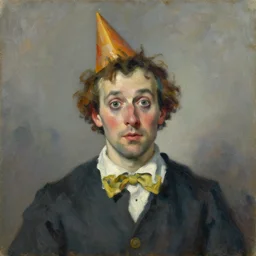 expressive portrait of a man on a silly party costume, impasto painting, muted colors, artwork by arnold bocklin