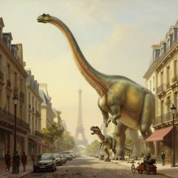 1750 street of Paris with Diplodocus and T-Rex, in the style of the Hudson River School