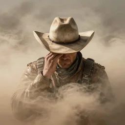 a cowboy in a dusty cloud, hat covering eyes, warhammer 40k, in the style of Guy Denning and Ruan Jia. Trending on ArtStation and DeviantArt. Digital art.