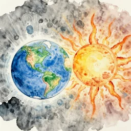 a chinese watercolor painting of the earth and the sun fighting each other