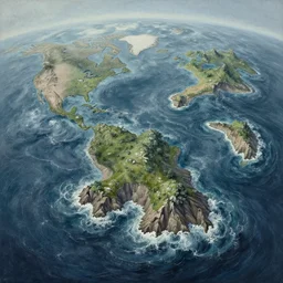 drone photography with delicate gouache embellishments this is a land on an unforgiving world of churning oceans and jagged coastlines. every habitable island is situated somewhere along the planet's equator where the weather is still volatile but more hospitable than any points to the north or south, cinematic