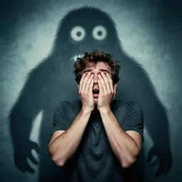 man scared by a picture of a monster