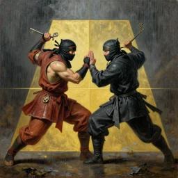 baroque oil painting of key visual ninja duel, rain, rule of thirds golden ratio, fake detail, trending pixiv fanbox, acrylic palette knife, style of makoto shinkai takashi takeuchi yoshiyuki sadamoto