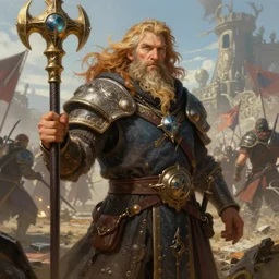a detailed and very colorful portrait of a dwarf warpriest with flowing hair on epic battlefield, pathfinder portrait, dndart, fantasy portrait, 4 k, hires, art by jack davis and lucian freud