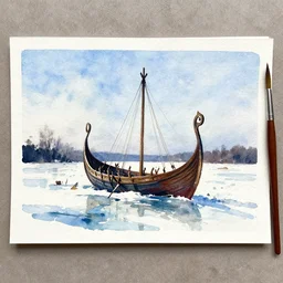 small centered on watercolor paper, paint brush strokes, abstract watercolor painting of ancient viking shipwreck in frozen lake in snow, daylight, blue sky, cinematic light, national romanticism by hans dahl, by jesper ejsing, by anders zorn, by greg rutkowski, by greg manchess, by tyler edlin