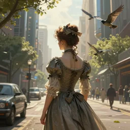portrait of a victorian lady and flying birds in a futuristic city, from behind, streets, sunlight and rays of light shining through trees, tall buildings on the sides, beautiful, solarpunk!!!, highly detailed, digital painting