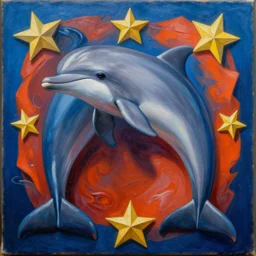 intricate five star dolphin by pablo picasso, oil on canvas, hdr, high detail, photo realistic, hyperrealism, surrealism, cinematic, matte finish, high contrast, 3 d depth, centered, masterpiece, vivid and vibrant colors, enhanced light effect, enhanced eye detail, artstationhd