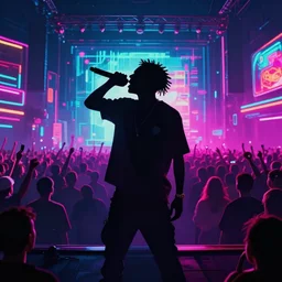 rapping into microphone, silhouette, huge crowd, neon soaked, vaporwave, hip hop, digital art, trending on Artstation, professional artist, detailed, 4k